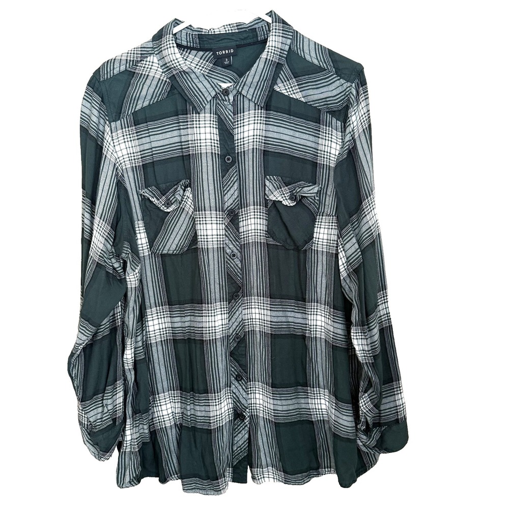Torrid Green Plaid Flannel Button Up Shirt Plus Size 3X Rayon LS Cabin Gorpcore